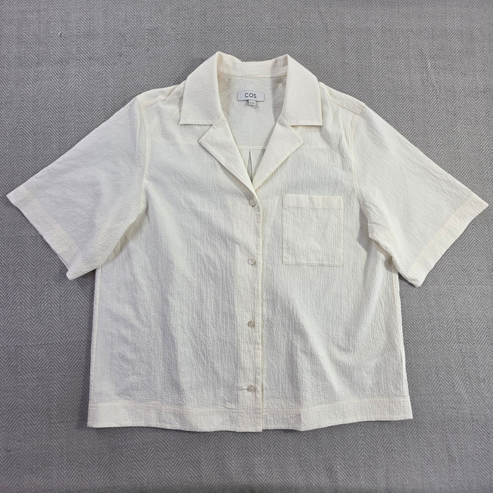 COS Minimalist Cream Textured Boxy Top Button Front Casual Blouse Womens Size 8